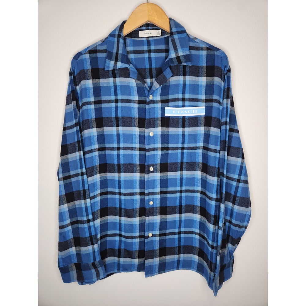 Coach Women Blue Plaid Flannel Pajama Top Button Down Sleep Shirt Medium